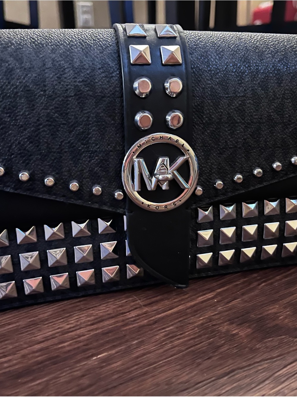 Michael Kors Black Leather Studded MK Crossbody Clutch